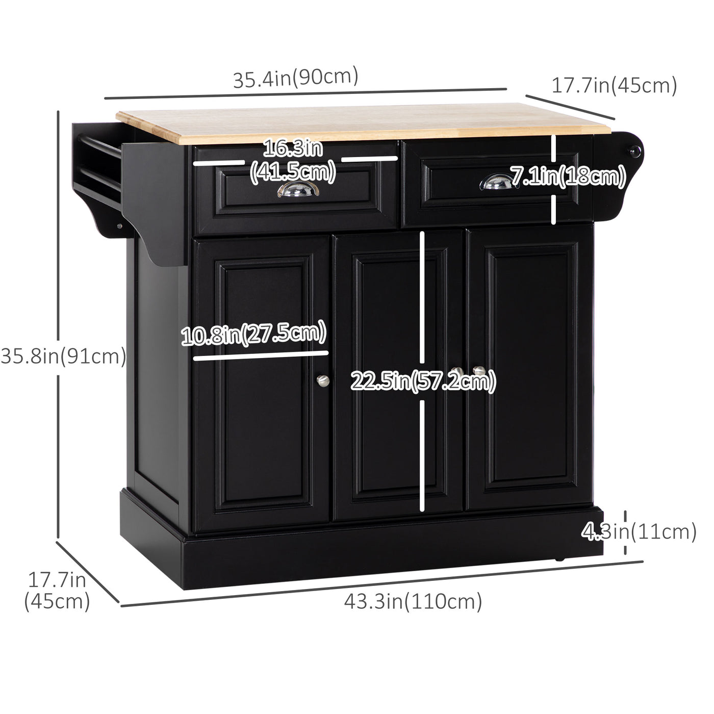 Kitchen Island with Storage Rolling Kitchen Serving Cart with Rubber Wood Top Towel Rack Storage Drawer Cabinet, Black