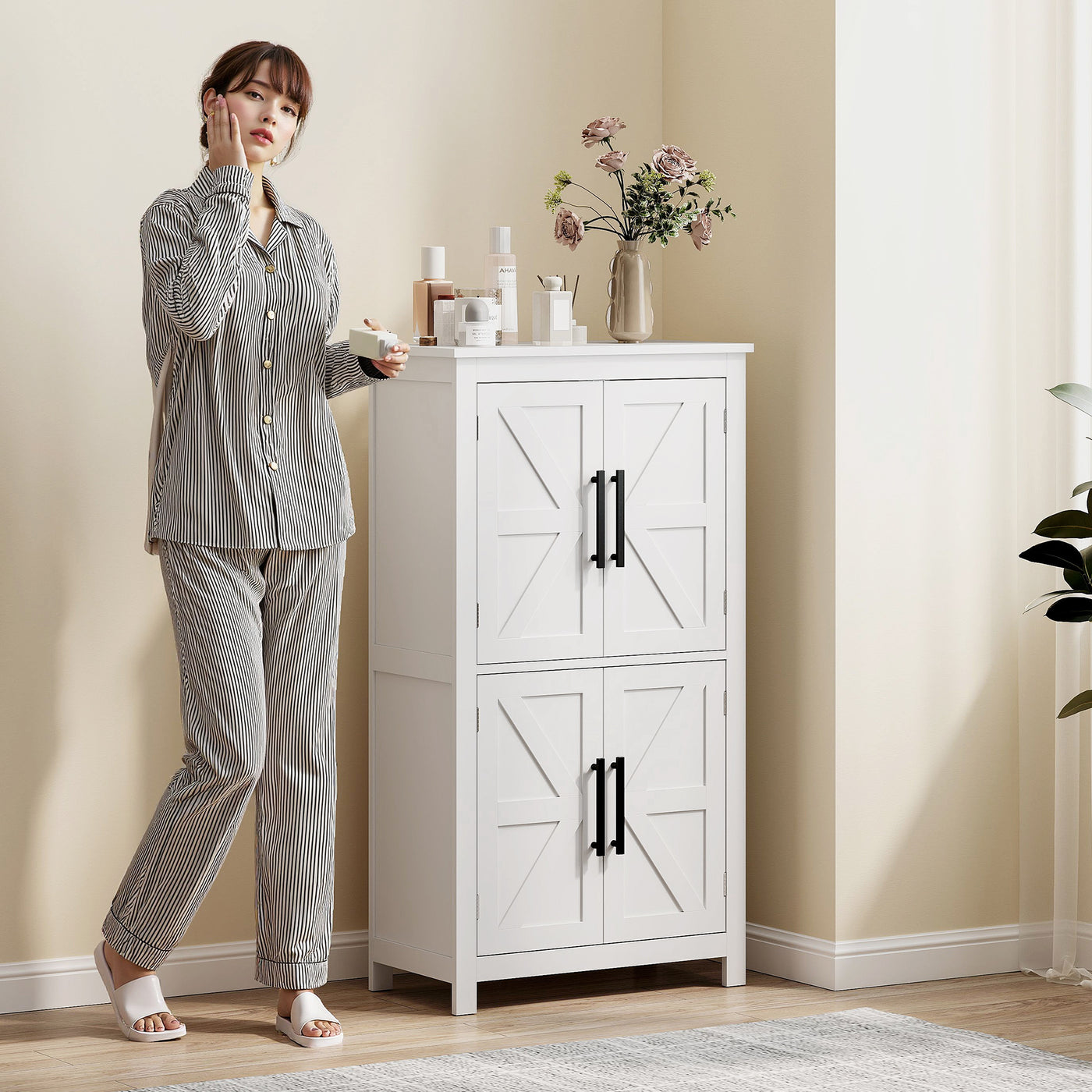 Farmhouse Bathroom Storage Cabinet, Bathroom Floor Cabinet with Barn Doors and Adjustable Shelf, White