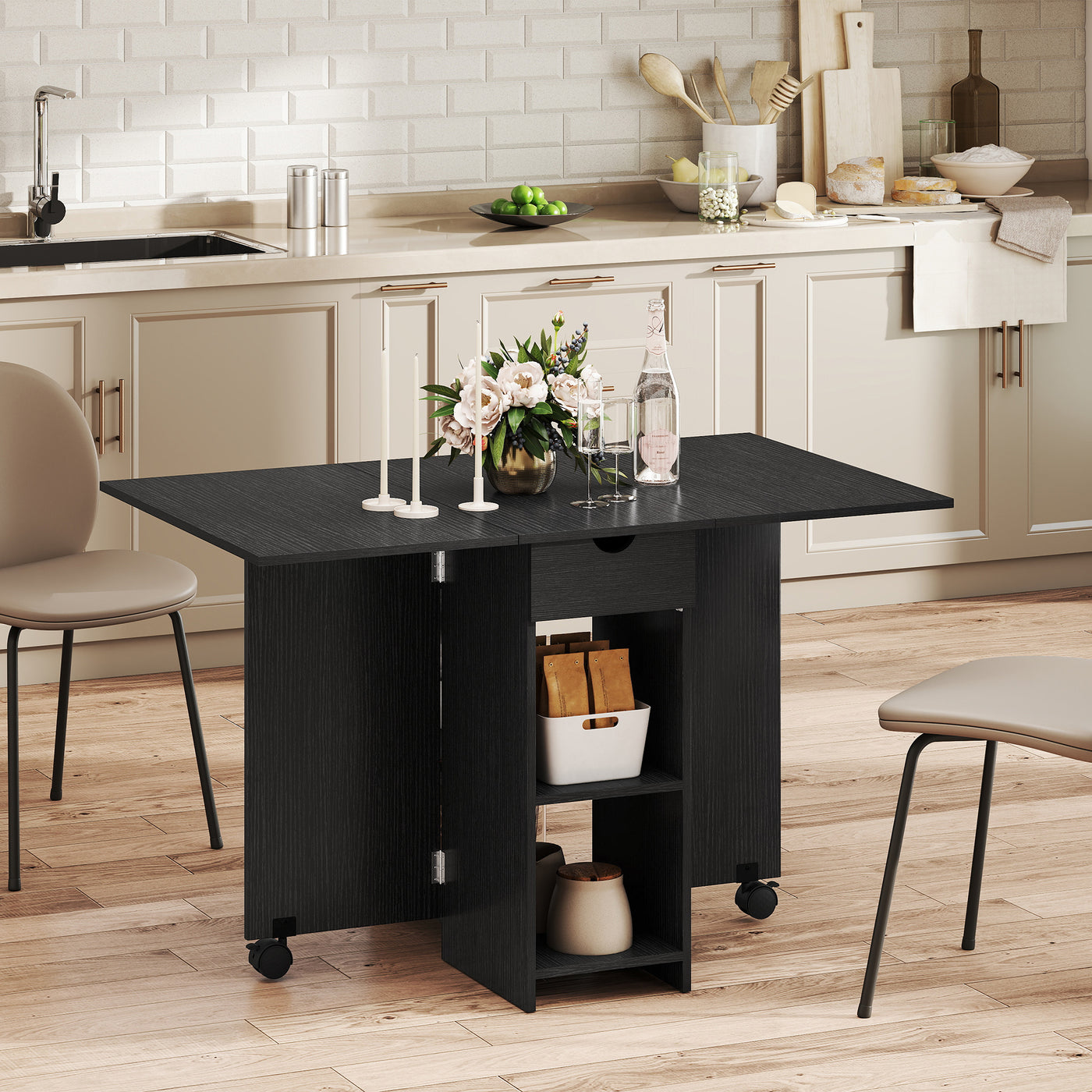 Folding Dining Table with Storage, Drop Leaf Kitchen Table with Drawer and Shelves for Small Spaces, Black