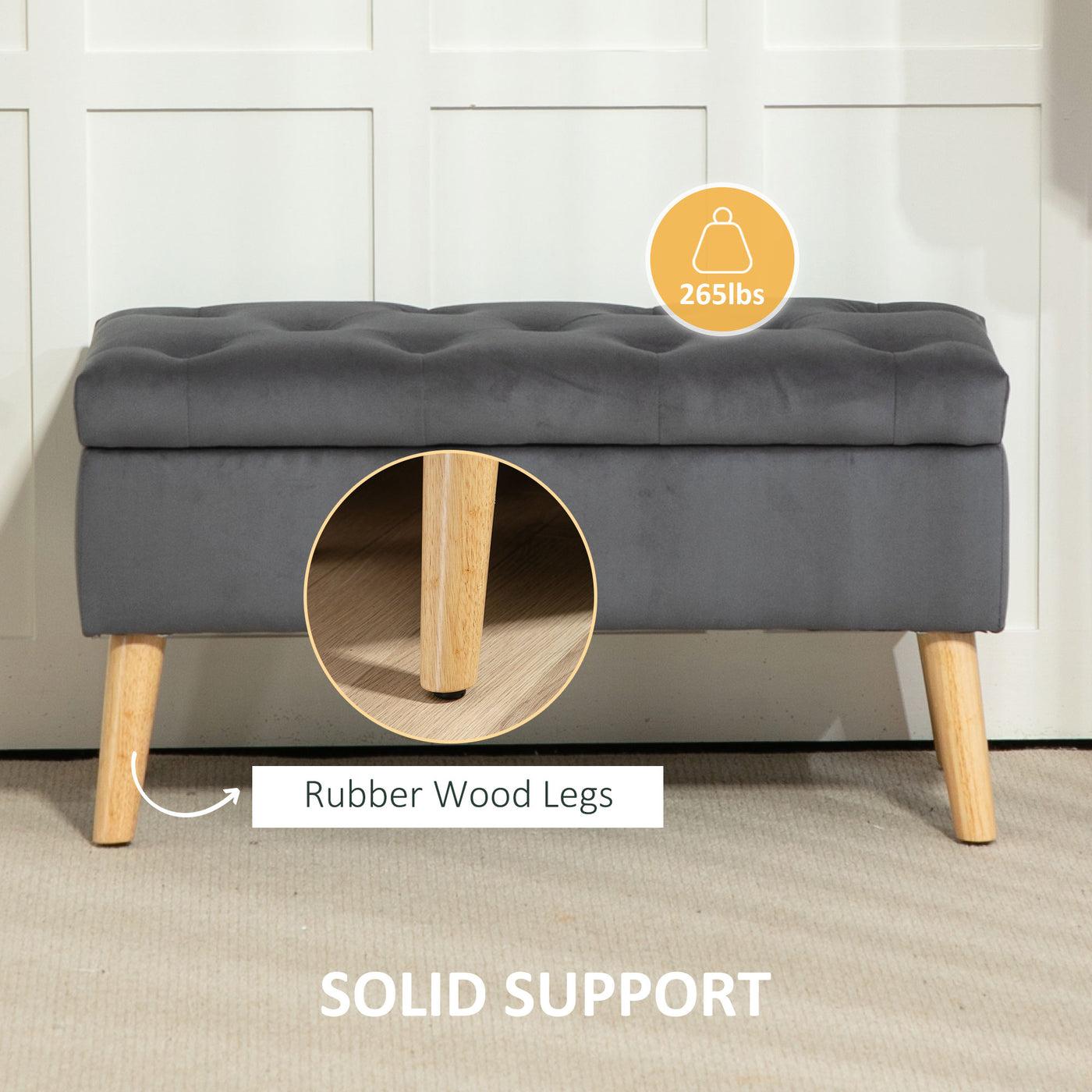 Storage Ottoman with Lid, Velvet Upholstered Storage Bench with Wood Legs for Living Room, Charcoal Grey