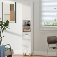 71" Tall Bathroom Storage Cabinet, Narrow Linen Tower with Drawer, Open Shelves, 2 Doors Cabinets and Adjustable Shelves, High Gloss White