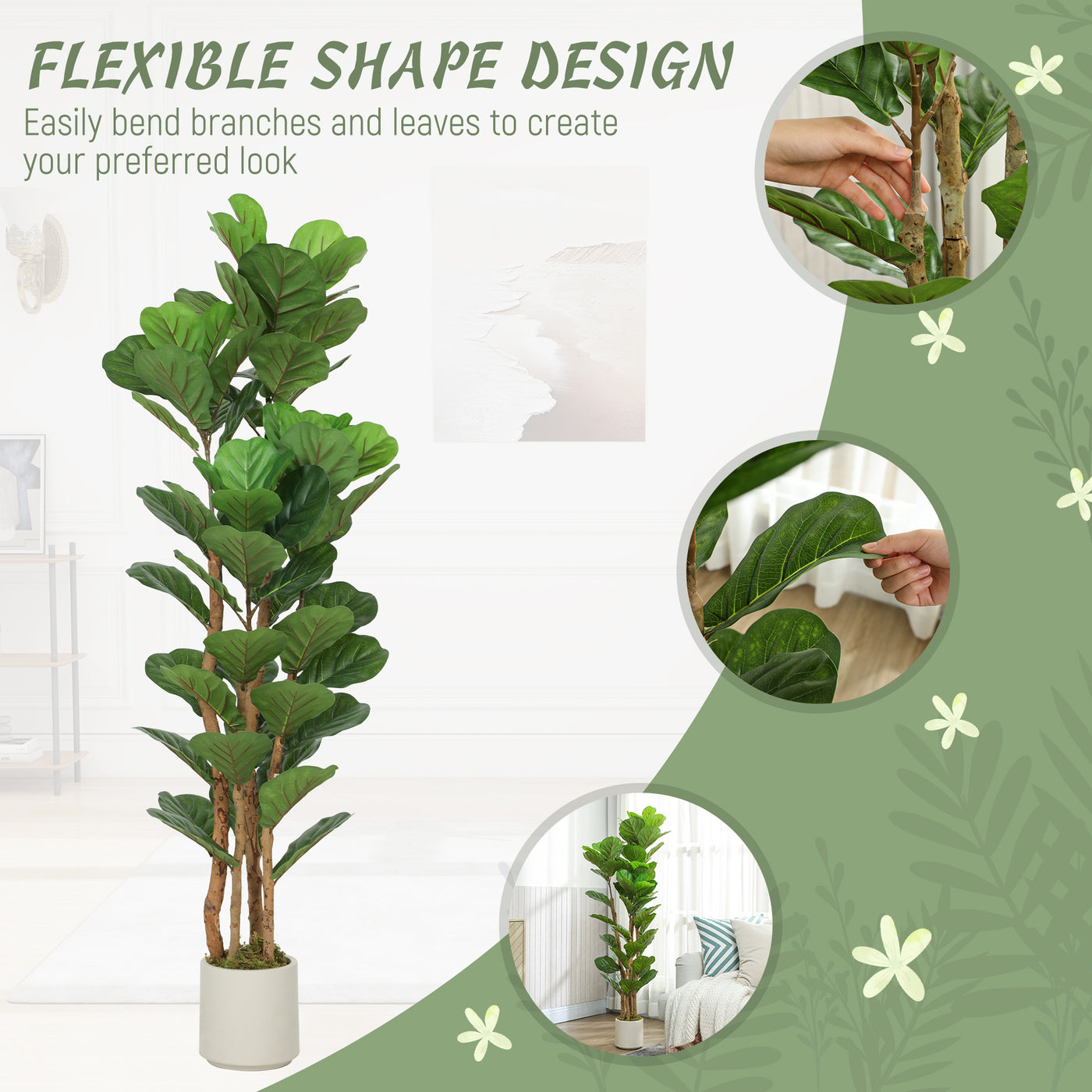 5FT Artificial Fiddle Leaf Fig Tree Set of 2, Fake Potted Tree with Solid Wood Trunks for Indoor Decor, Green