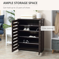 Narrow Shoe Cabinet with 2 Slatted Doors, Modern Shoe Storage Cabinet with Adjustable Shelves for Entryway, Hallway, Living Room, Holds 15 Pairs, Dark Brown