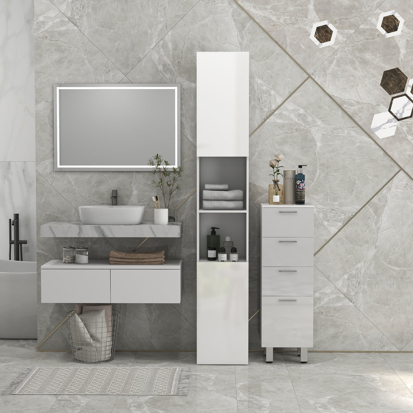 Tall Bathroom Cabinet, High Gloss Storage Cabinet with Doors and Adjustable Shelves, 11.8" x 11.8" x 71.5", White