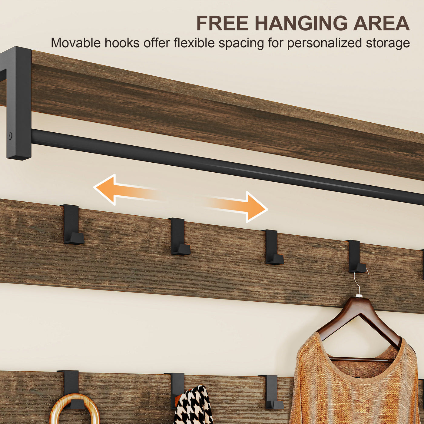 6-In-1 Hall Tree with Shoe Storage, Coat Rack Shoe Storage with 10 Hooks, 2 Fabric Drawers, Rustic Brown