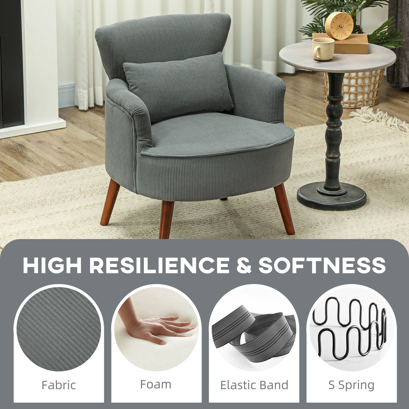 Modern Accent Chair, Upholstered Armchair with Solid Wood Legs and Lumbar Pillow for Living Room, Grey