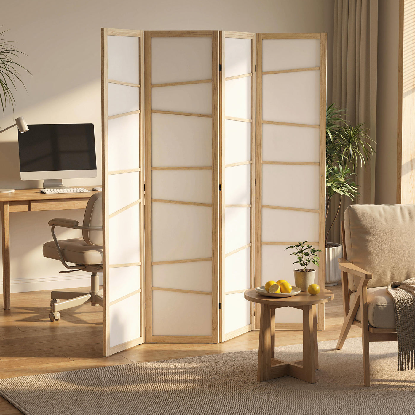 66.9" Folding Room Divider, 4 Panel Wall Partition with Wood Frame for Bedroom, Home Office, Natural Wood