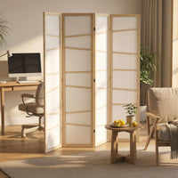 66.9" Folding Room Divider, 4 Panel Wall Partition with Wood Frame for Bedroom, Home Office, Natural Wood