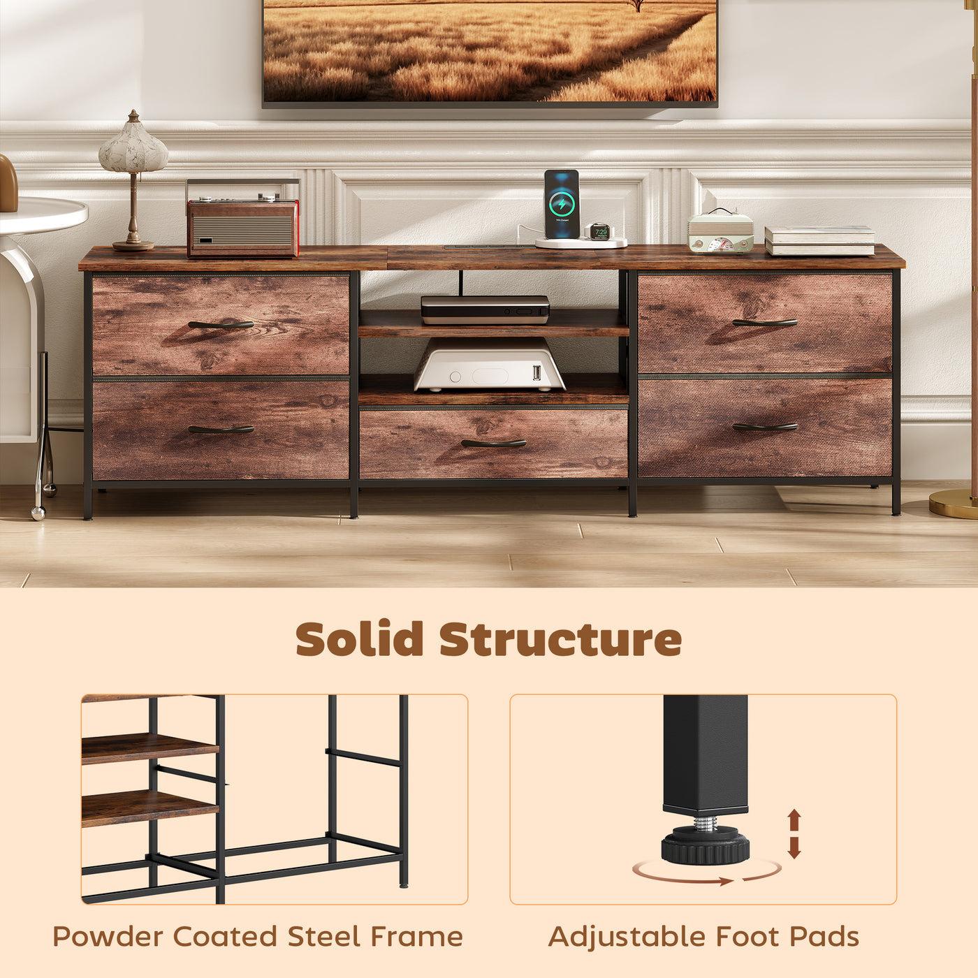 TV Stand for TVs up to 70 Inch, Industrial TV Console with Charging Station, 5 Drawers and Open Shelves, Rustic Brown