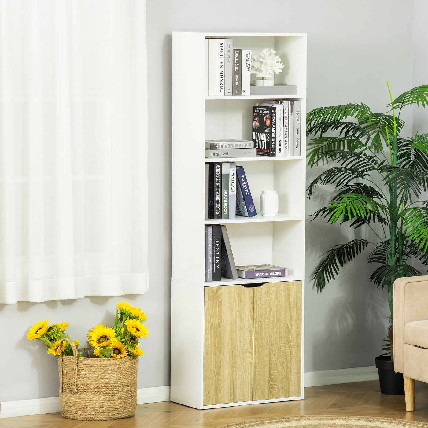 4-Tier Open Bookshelf with Doors Modern Home Office Bookcase Storage Cabinet for Living Room Bathroom Study, Oak
