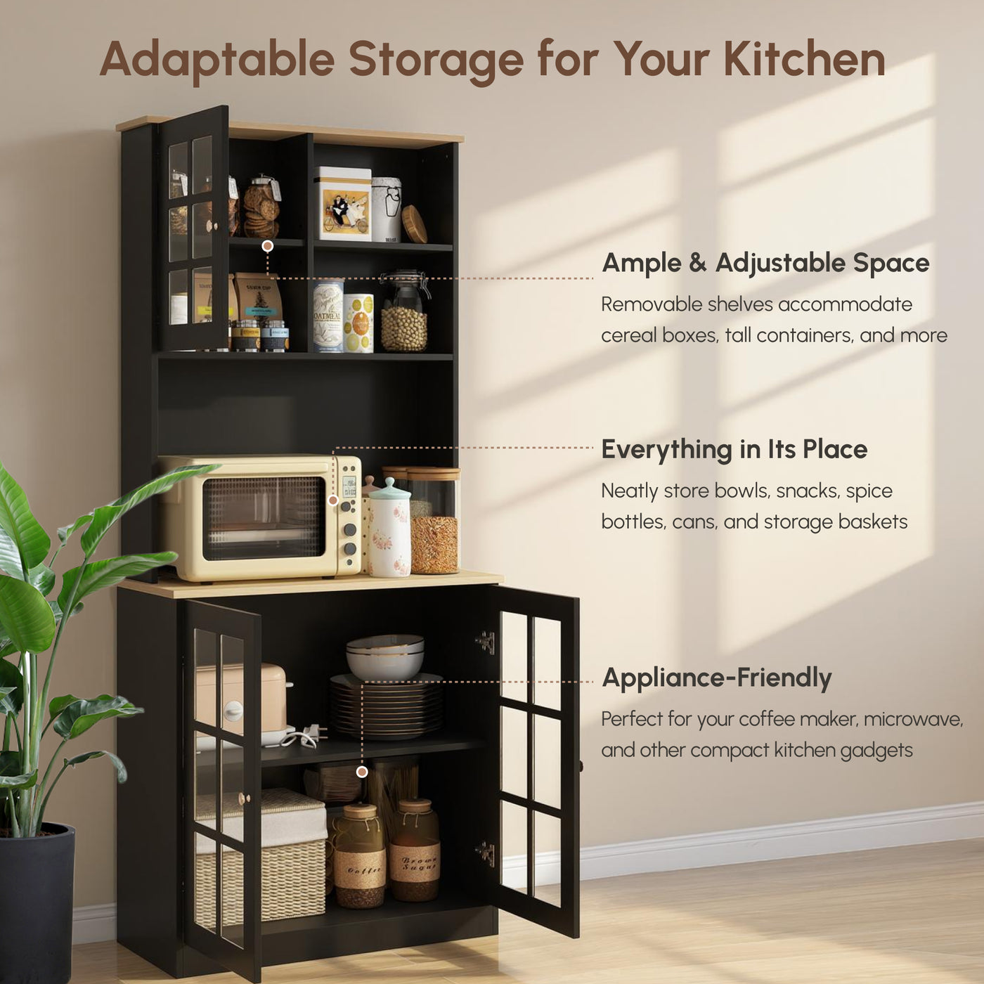 Kitchen Buffet with Hutch, Storage Pantry with 3 Cabinets, 2 Open Shelves and Large Countertop, Black