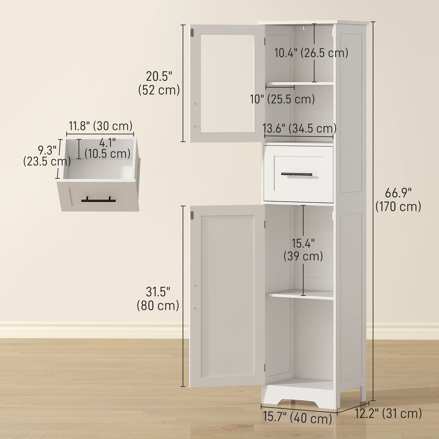 67" Tall Bathroom Storage Cabinet, Freestanding Narrow Bathroom Cabinet with Adjustable Shelves, Glass Door and Drawer