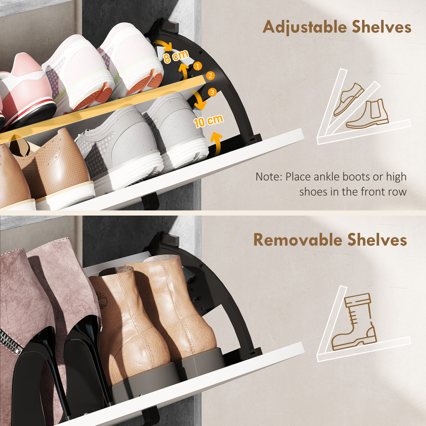 Shoe Cabinet with 2 Flip Drawers, 3 Side Compartments, Adjustable Shelves, 8-12 Pairs for Entryway Hallway, Grey
