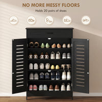 Shoe Cabinet with Louvered Doors, Modern Shoe Storage Cabinet with Drawer and Adjustable Shelves, Black