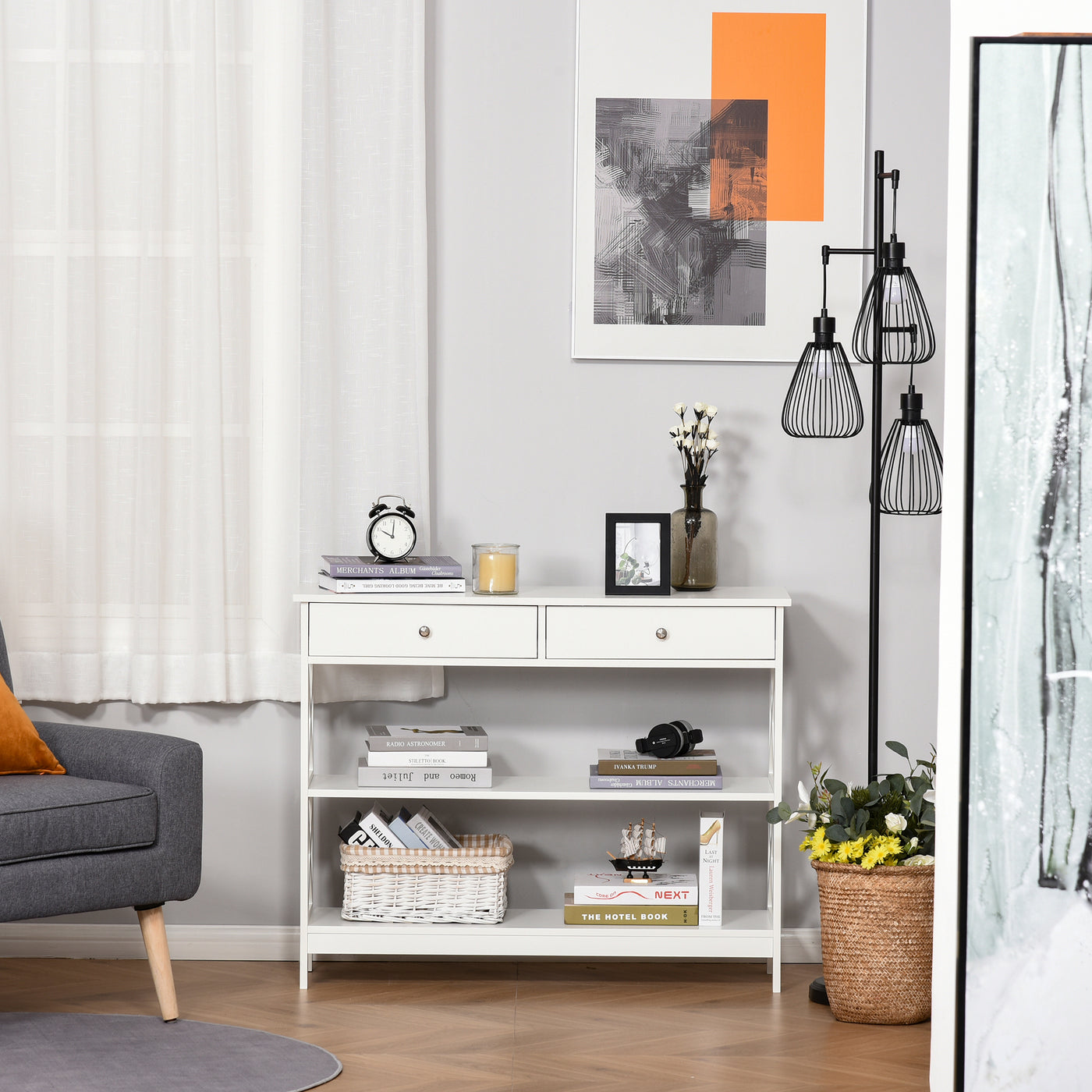 39" Console Table, Narrow Entryway Table with Storage Shelves, Drawers and X Frame for Behind Couch, Living Room, Hallway, White