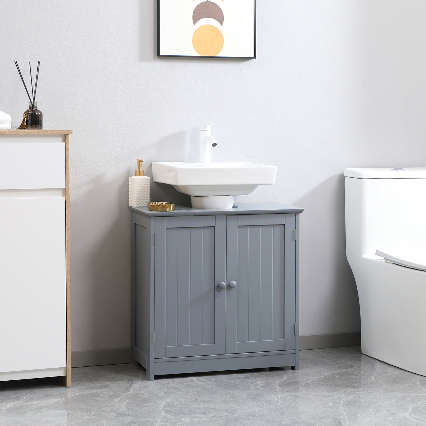 Bathroom Vanity, 24" Pedestal Sink Bathroom Vanity Furniture with 2 Doors and Shelf, Grey