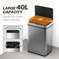 10.6 Gal (40 L) Automatic Garbage Can w/ Soft-Close Lid, Touchless Trash Can with Fingerprint Resistant Stainless Steel