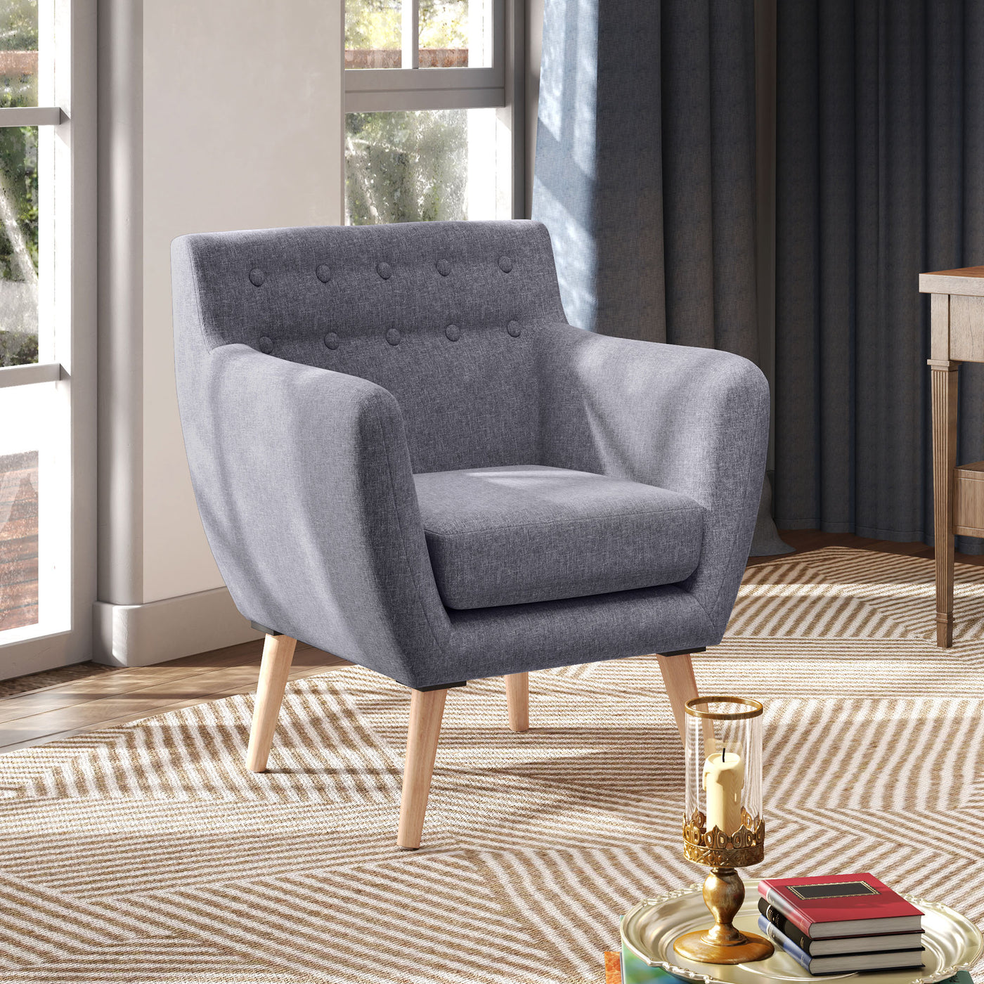 Linen Upholstery Armchair, Mid-Century Modern Accent Chair with Wood Frame and Thick Padding, Light Grey