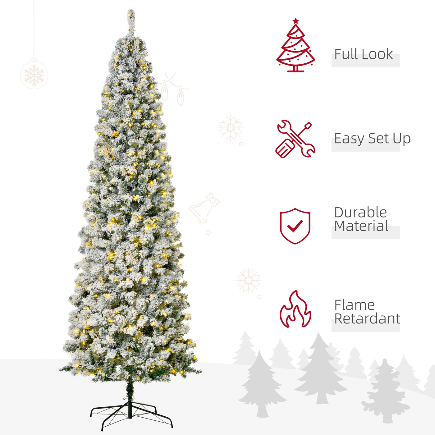 9 Feet Prelit Artificial Snow Flocked Pencil Christmas Tree, Slim Xmas Tree with Warm White LED Light, Holiday Home Xmas Decoration, Green