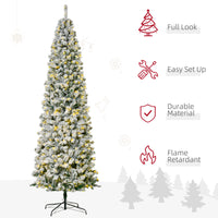 9 Feet Prelit Artificial Snow Flocked Pencil Christmas Tree, Slim Xmas Tree with Warm White LED Light, Holiday Home Xmas Decoration, Green