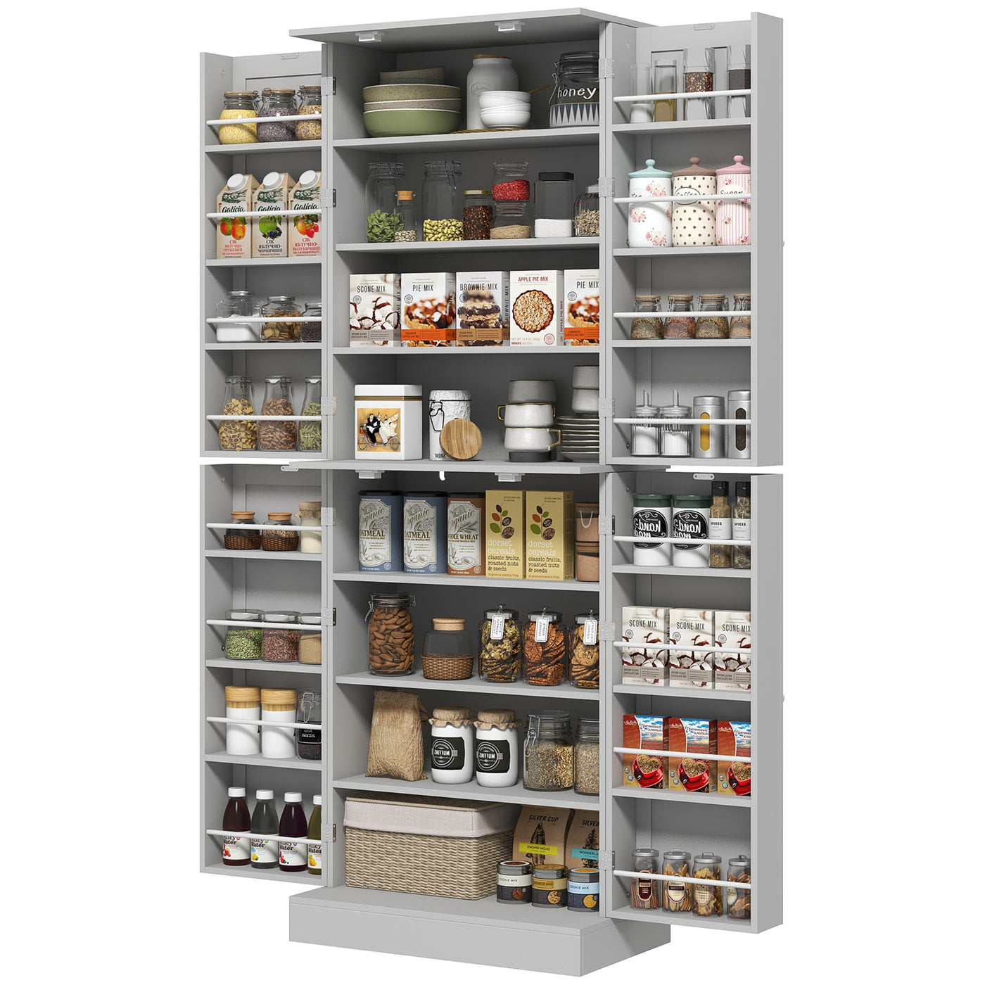 65" Kitchen Cabinet, Kitchen Pantry Cabinet with 4 Doors and 16 Door Shelves for Dining Room, Grey