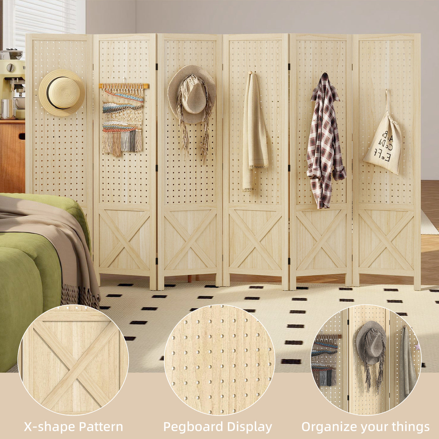 Wooden Room Divider with Pegboard Display, 6 Panel Folding Privacy Screen for Home Office, Natural Wood