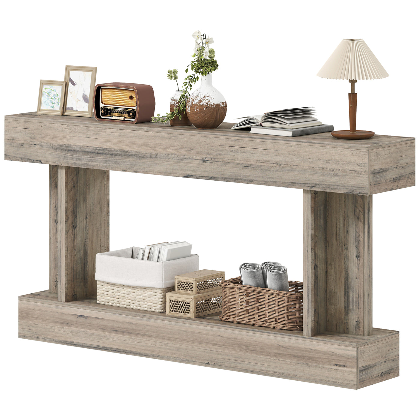 63 Inch Long Console Table, Vintage Narrow Entryway Table with Storage Shelf for Living Room and Hallway, Light Brown