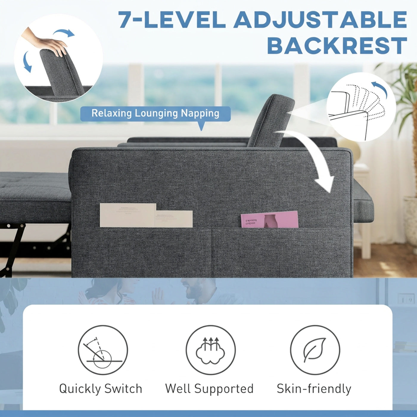 Pull Out Sofa Bed, Sleeper Sofa Couch with USB Ports, Small Linen Loveseat Futon Couch for Living Room, Dark Grey