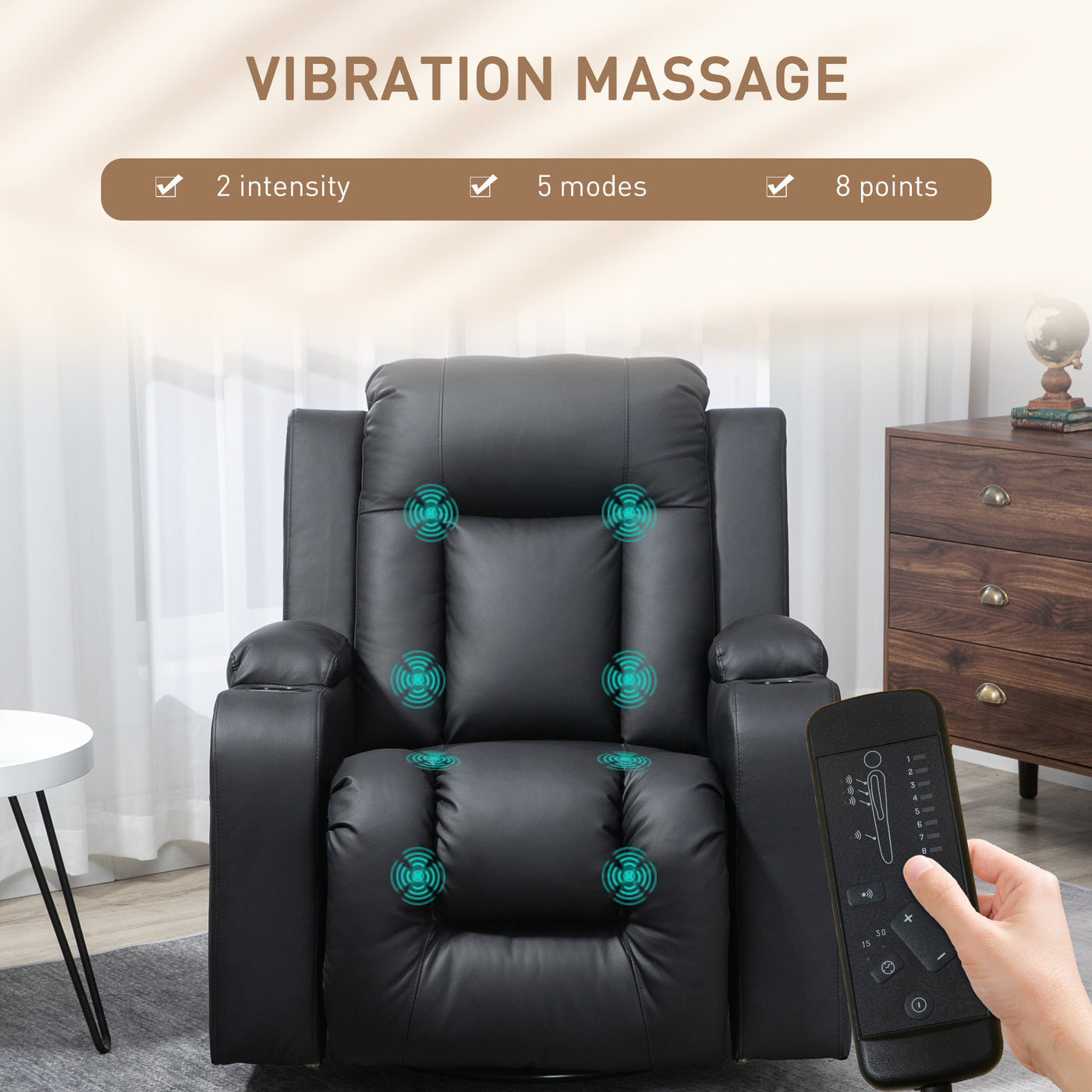 Swivel Massage Recliner Chair Rocker, Overstuffed Manual Reclining Sofa, PU Leather Rocking Chair with Side Pockets, Cup Holders, for Living Room, Nursery, Black