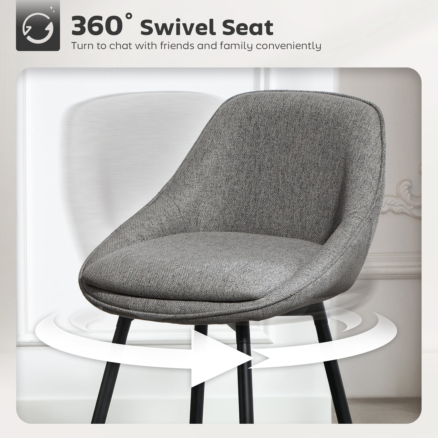 26" Counter Height Barstools Set of 2, Upholstered Swivel Bar Stools with Backrests and Armrests, Dark Grey