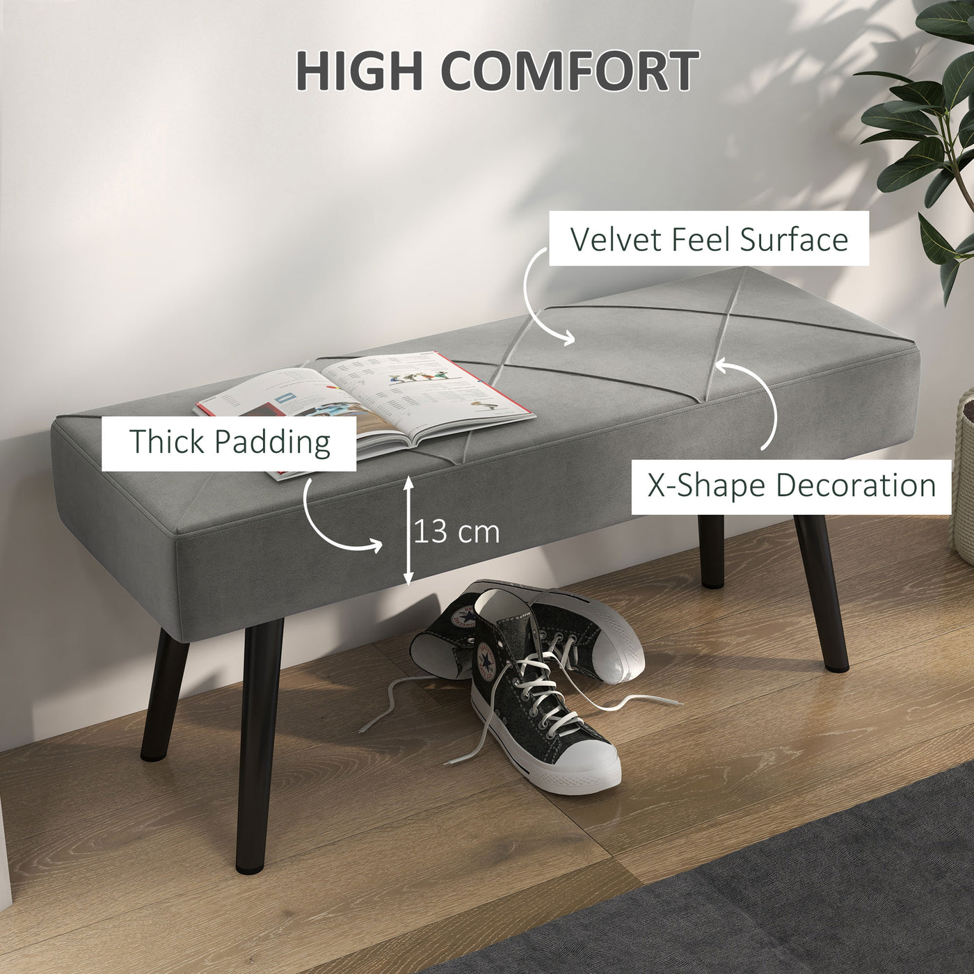 39 Inches Upholstered Bedroom Bench, Modern End of Bed Bench with Steel Legs, Grey