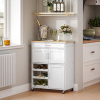 Rolling Kitchen Cart, Kitchen Island with Storage Drawer, 9-bottle Wine Rack, Door Cabinets, Wooden Countertop, White