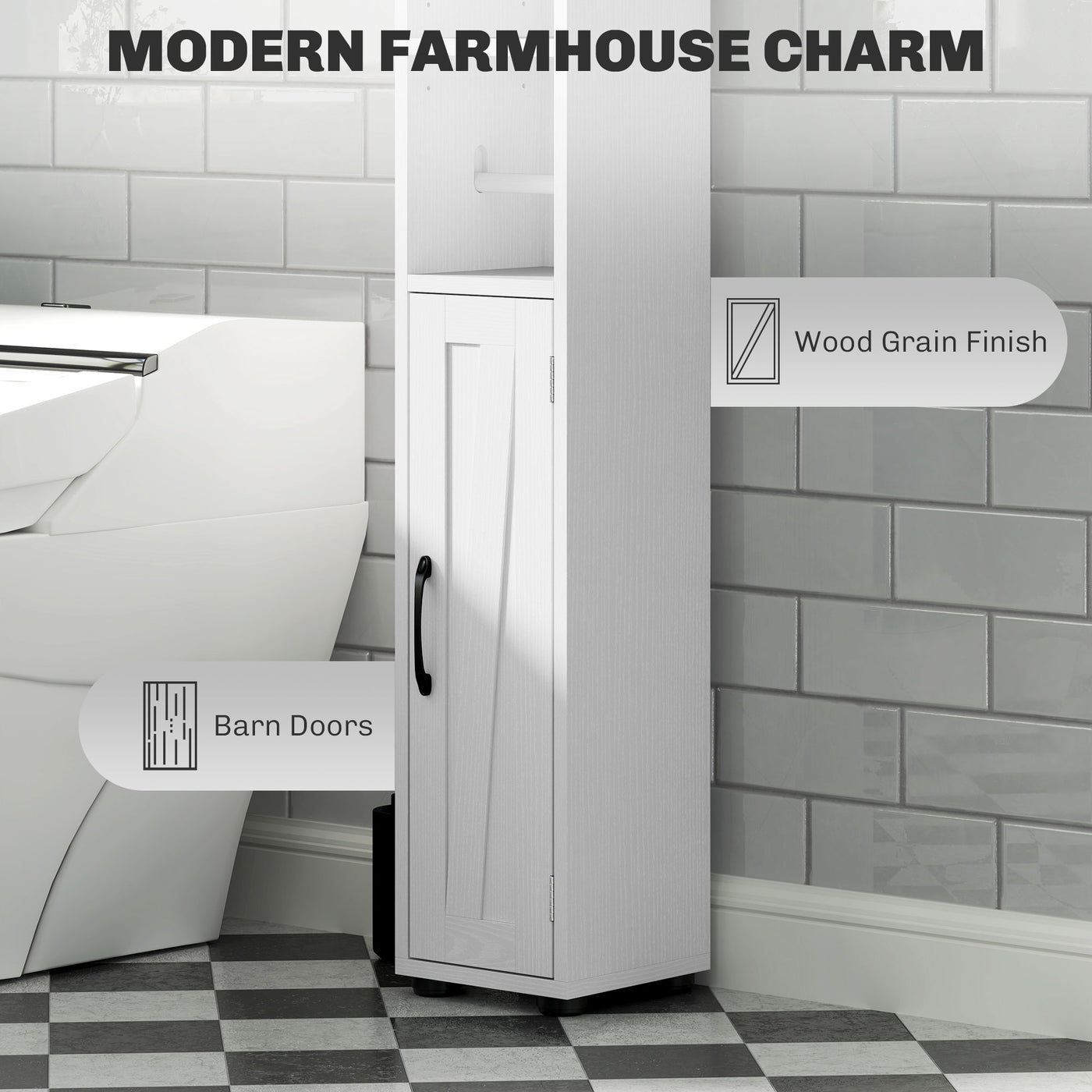Narrow Bathroom Cabinet, Tall Bathroom Storage Cabinet with Barn Doors, Drawer and Adjustable Shelves, White Wood Grain