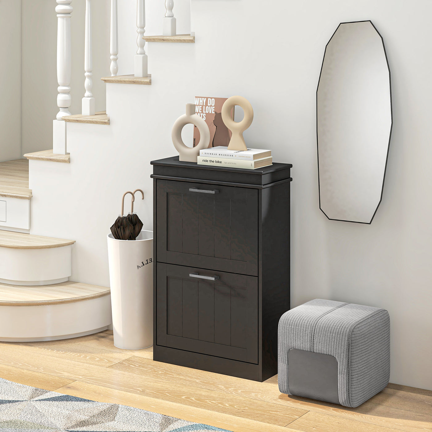 Shoe Storage Cabinet with 2 Flip Drawers and Adjustable Shelves, Narrow Shoe Cabinet for 10 Pairs of Shoes, Black
