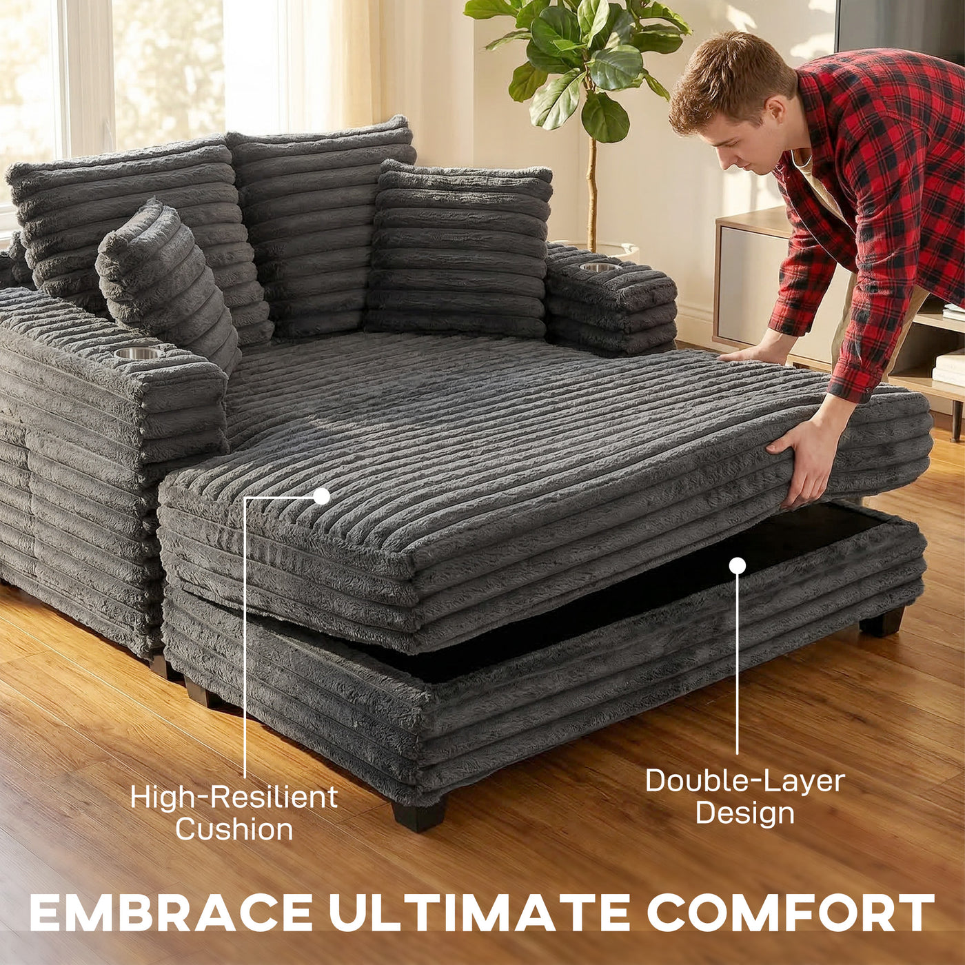 60" Chaise Lounge Chair, Oversized Upholstered Sofa Bed with Cup Holders & Pillows, Sleeper Couch for Living Room, Grey