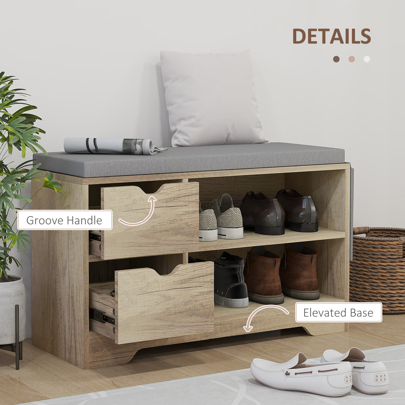 Upholstered Shoe Storage Bench w/ Seat, Entrance Bench w/ Drawer Open Shelves and Pocket for Hallway, Grey