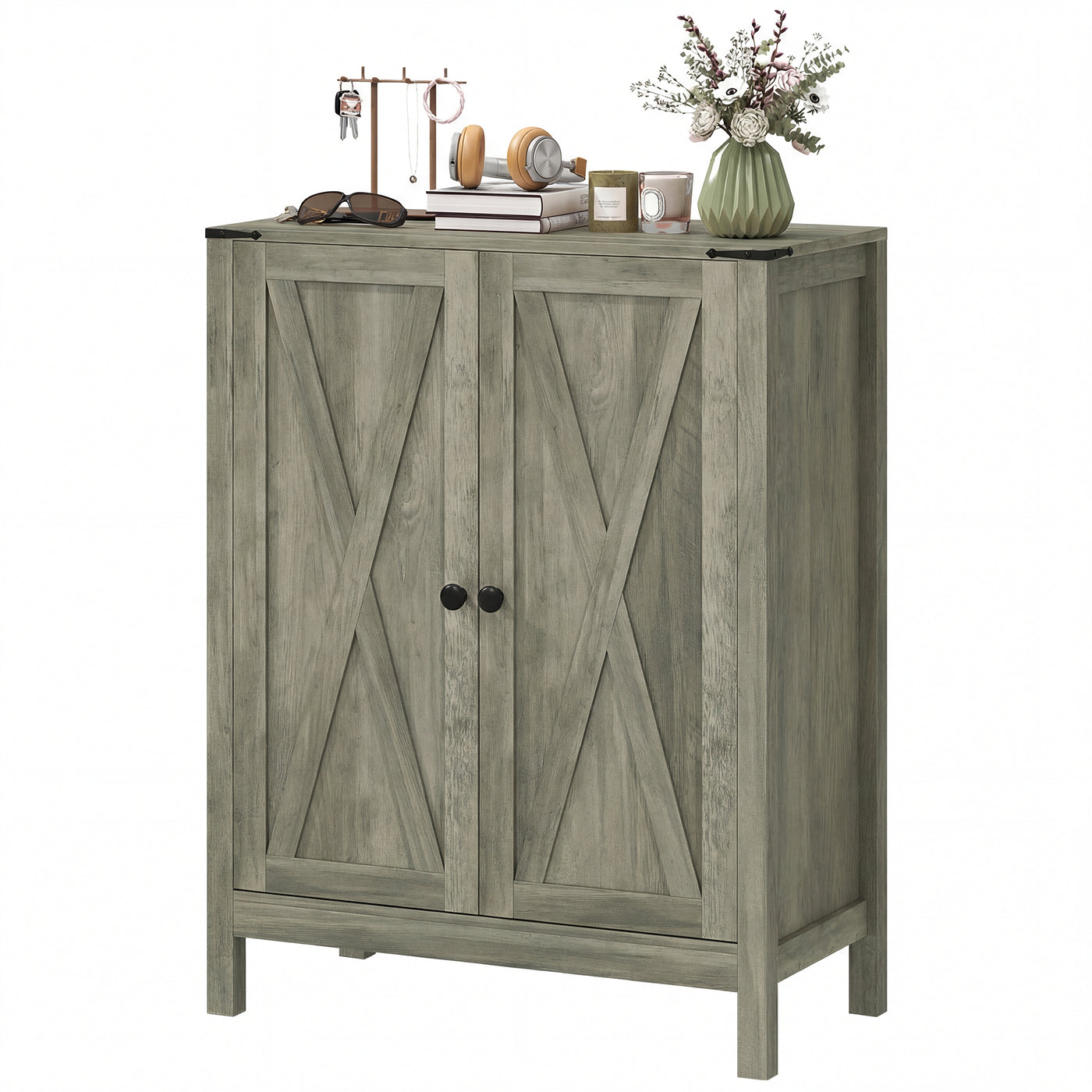 Shoe Cabinet with Barn Doors, Farmhouse Shoe Storage Cabinet with Adjustable Shelves, Holds up to 15 Pairs, Grey