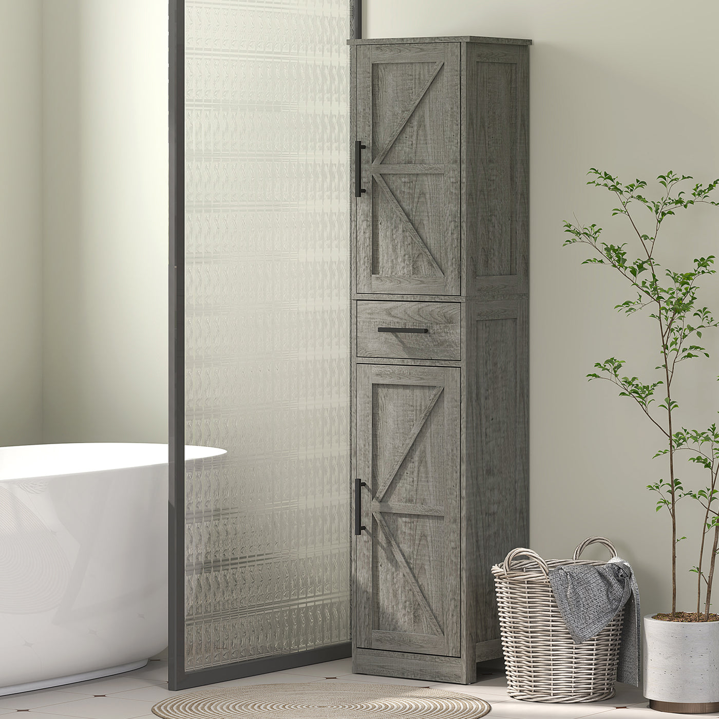 67" Tall Bathroom Cabinet, Narrow Bathroom Storage Cabinet with Drawer, Barn Doors and Adjustable Shelves, Dark Grey
