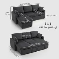 81" Sofa Bed, 2 In 1 Pull Out Sleeper Sofa Bed with Storage, Corduroy Convertible Couch for Living Room, Dark Grey