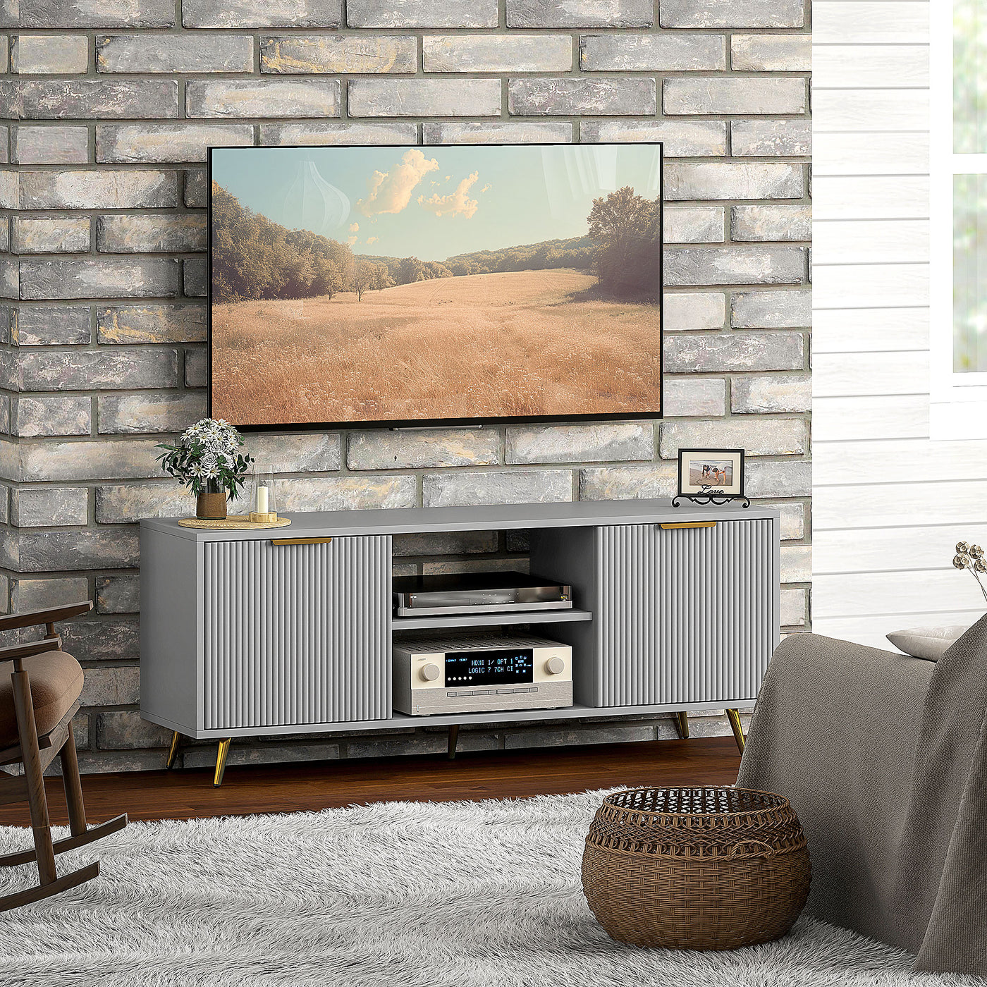 TV Stand with Storage for 55 Inch TV, Modern TV Cabinet with 2 Open Shelves and 2 Cabinets for Living Room, Grey