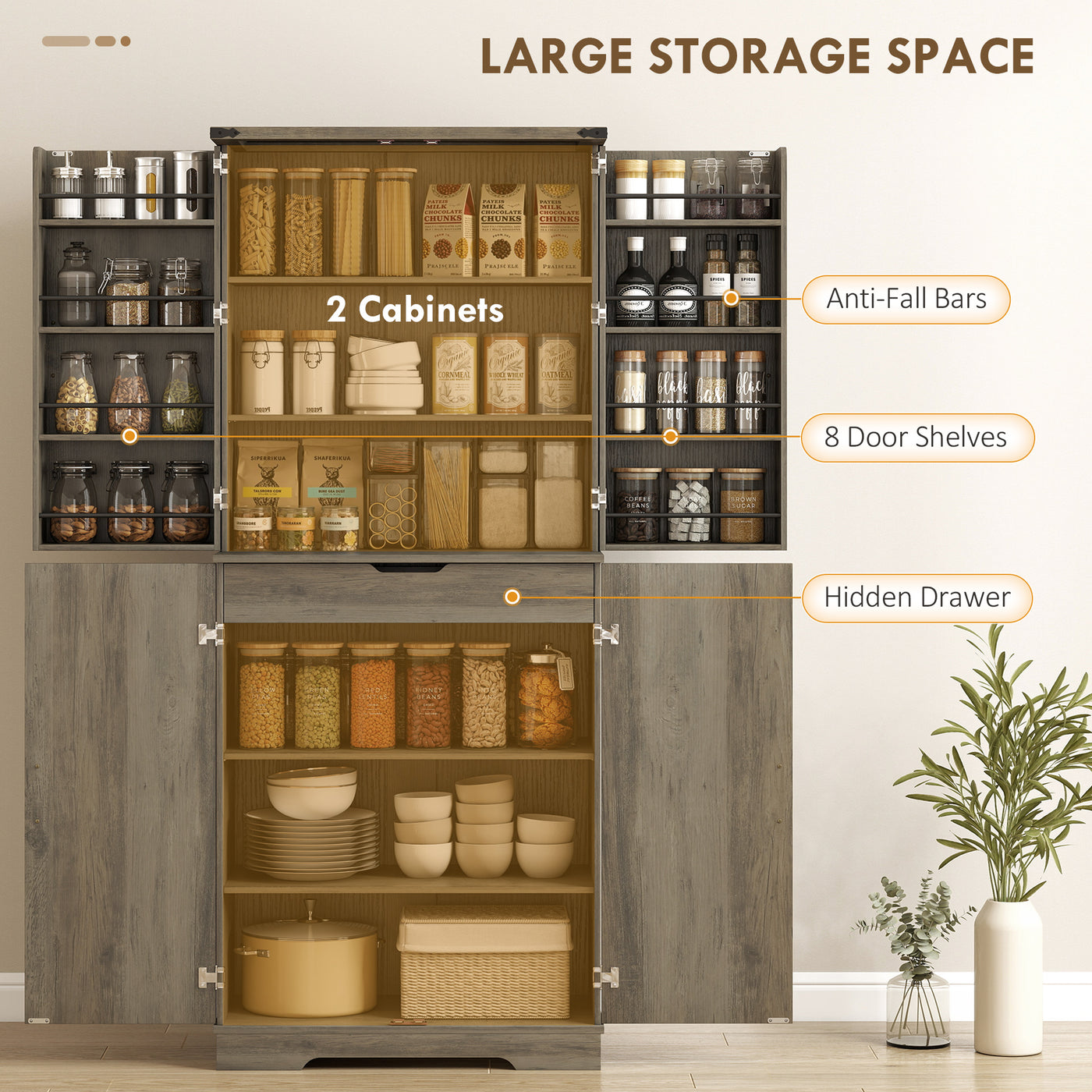 72" Kitchen Pantry Cabinet, Farmhouse Storage Cabinet with 4 Doors, Drawer, 8 Door Shelves and Adjustable Shelf, Grey