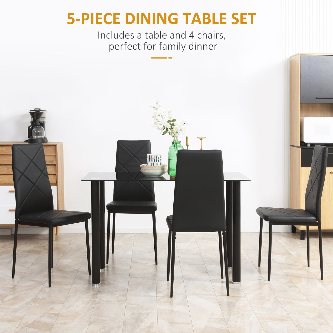 Dining Table and Chairs Set for 4, Modern 5 Pieces Kitchen Table Set with Glass Table, Padded Seat and Steel Frame