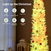 9ft Christmas Tree with Colourful DIY Synchronized LEDs, Hinged Pencil Xmas Tree with Remote, Daily Timer, White