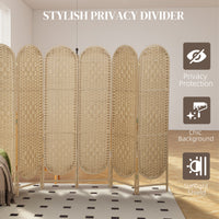Bohemian Privacy Screen, Folding Room Divider with 6 Panels and Arched Top for Bedroom Living Room Office, Natural Wood