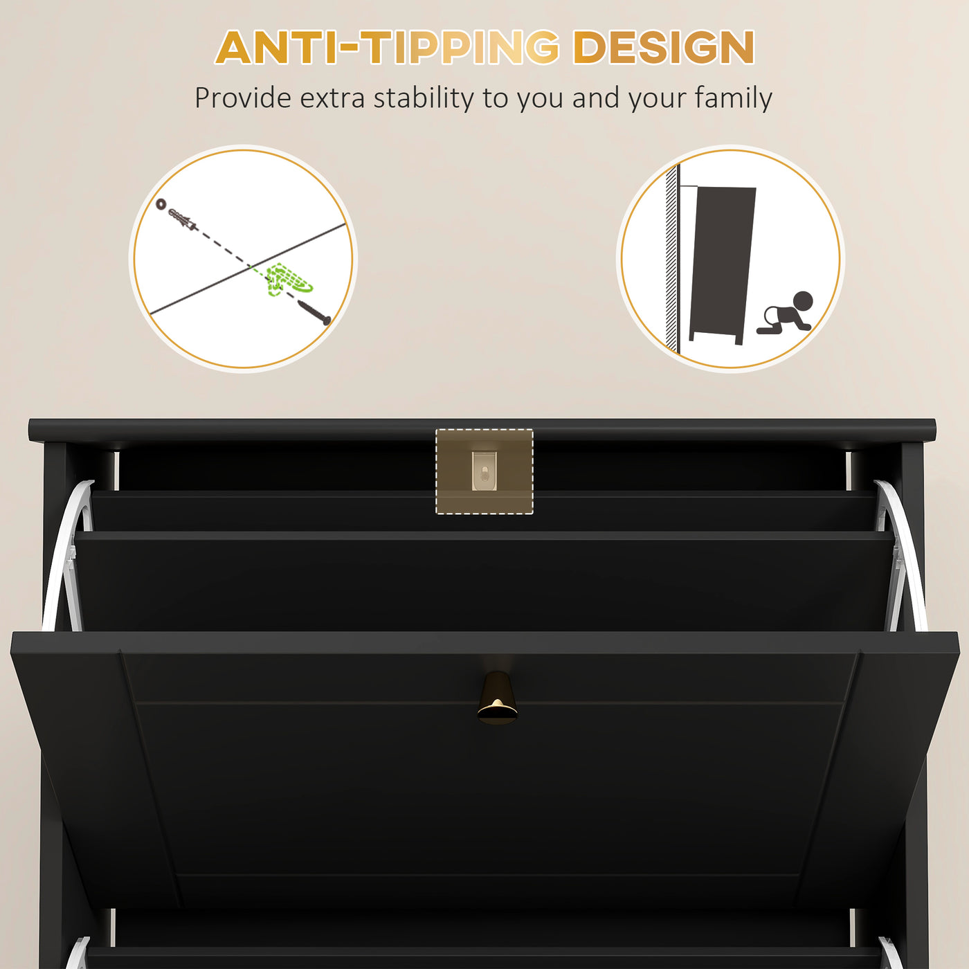 Narrow Shoe Storage with 3 Flip Drawers and Adjustable Shelves, Shoe Cabinet Organizer for 12 Pairs of Shoes, Black
