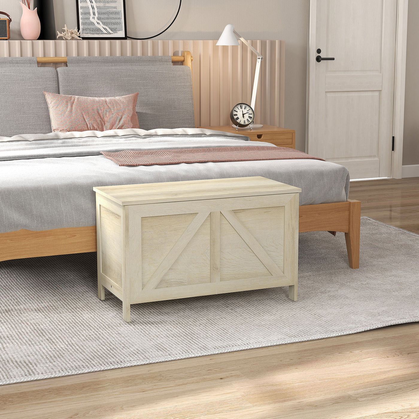 Storage Trunk Box Organizer with Farmhouse Panel Safety Hinge to Open Up 100° Natural