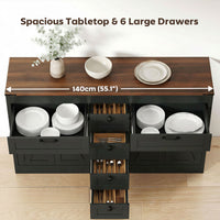 Sideboard Buffet Cabinet, 55" Farmhouse Kitchen Cabinet with 4 Barn Doors, 6 Drawers and 2 Adjustable Shelves, Black
