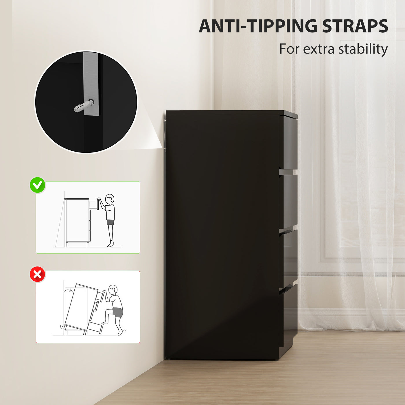 4 Drawer Cabinet, High Gloss Drawer Chest for Bedroom, Chest of Drawers with Metal Runners and Groove Handles, Black