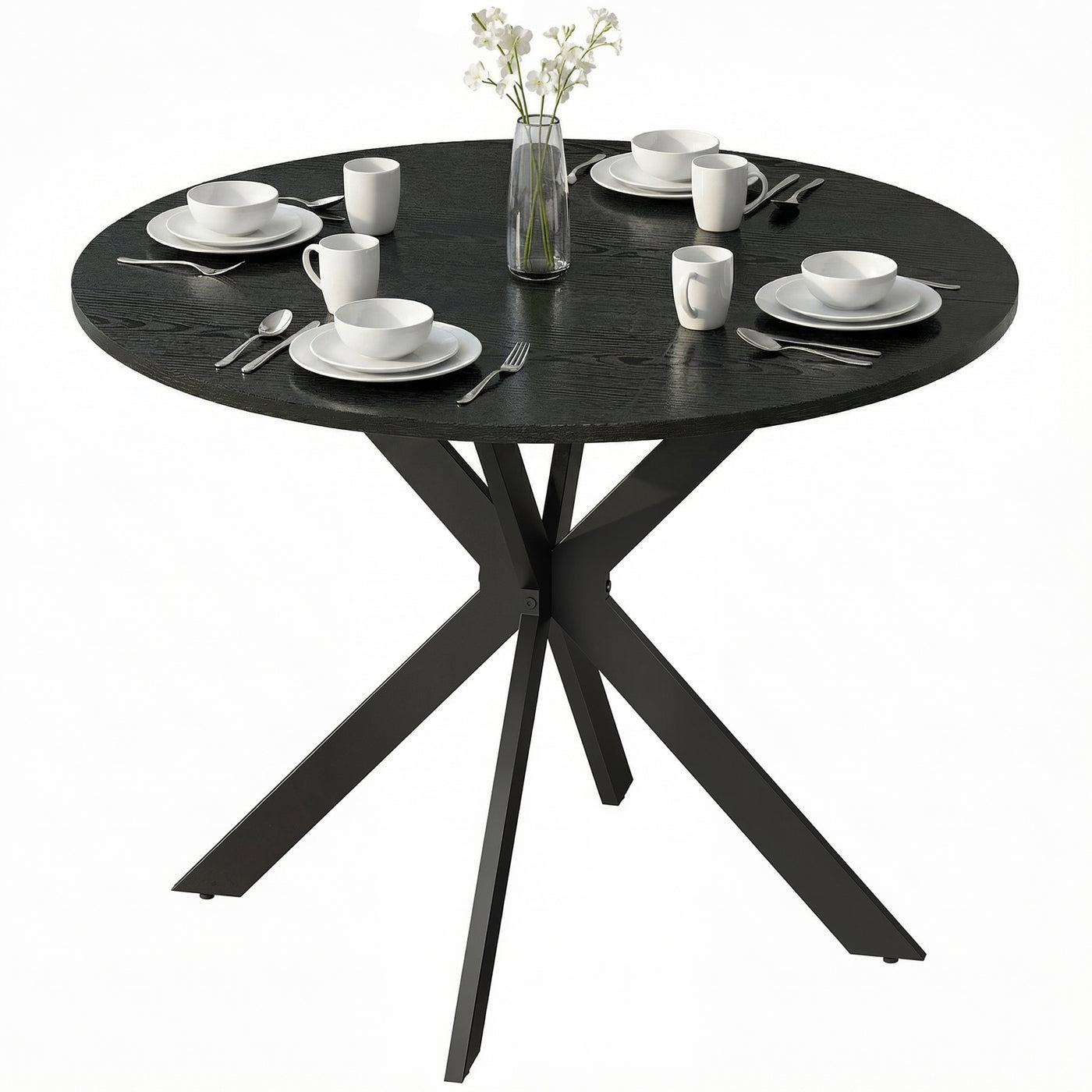 39" Dining Table, Contemporary Round Kitchen Table with Steel Legs, Black Wood Grain