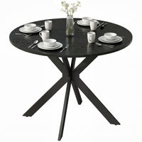 39" Dining Table, Contemporary Round Kitchen Table with Steel Legs, Black Wood Grain